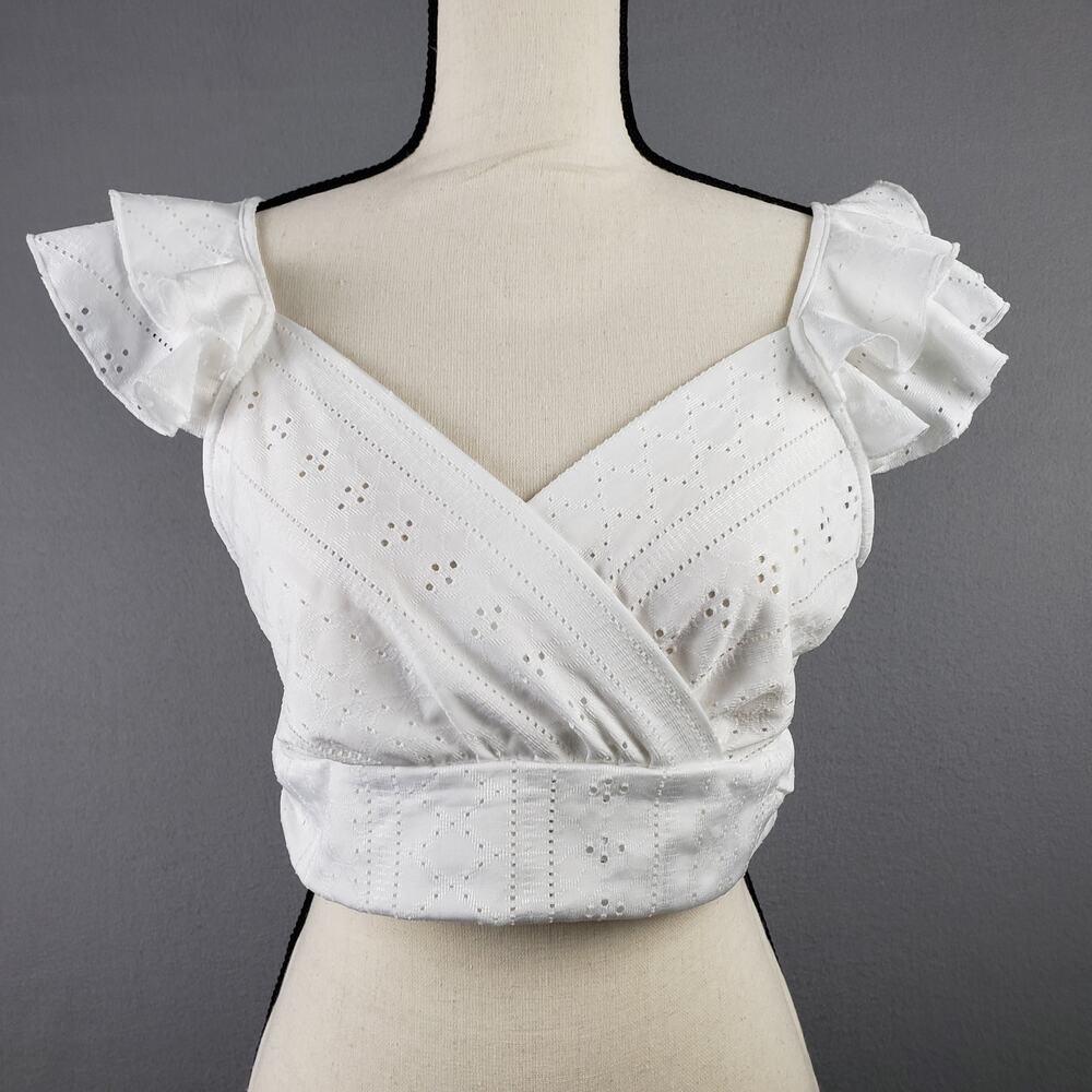 Ruffle Puff Sleeve Crossover Crop Top White Eyelet Lace Preppy Coastal Size L